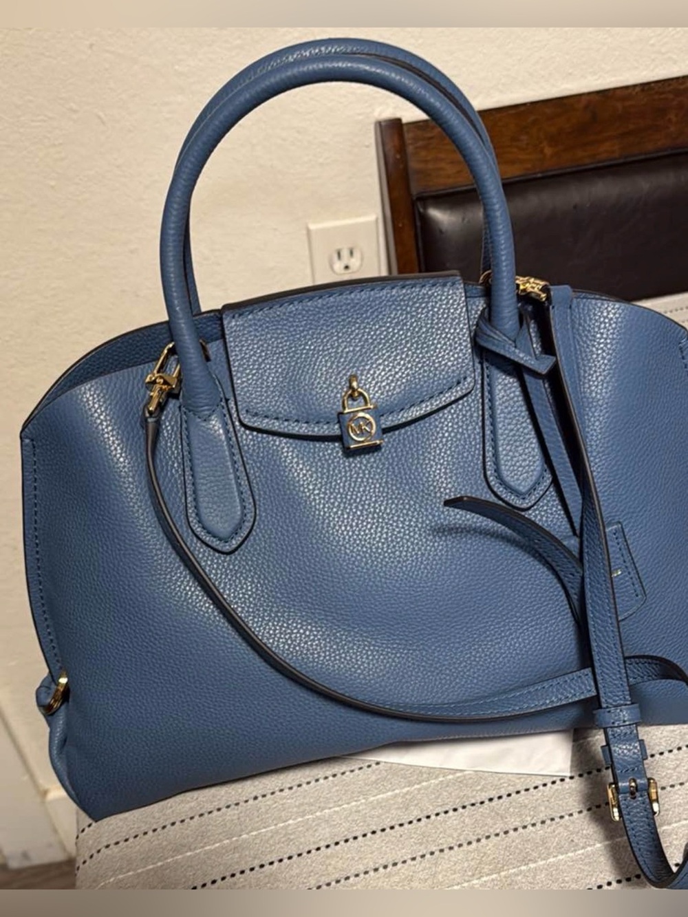 Michael Kors Blue Pebbled Leather Satchel with Gold Hardware